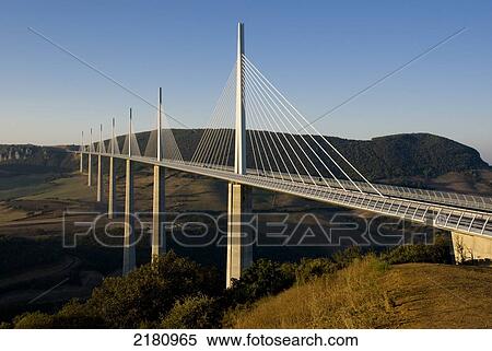 Stock Photography - Europe, France, Aveyron, Millau, Suspension Bridge. Fotosearch