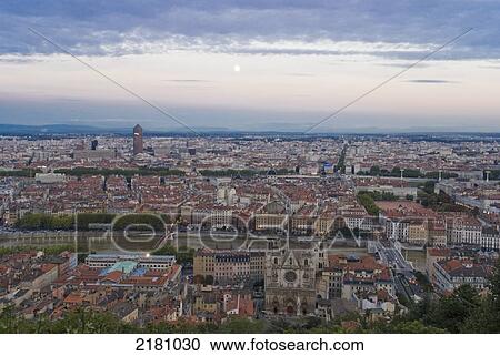 Stock Image - Europe, France, Rhone, Lyons Cityscape And Cathedral St Jean. Fotosearch