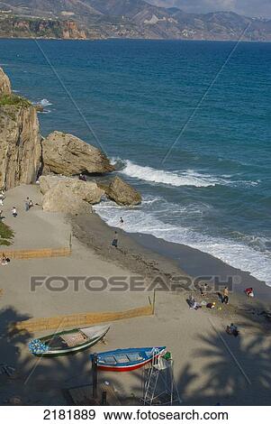 Stock Photo - Europe, Spain, Andalucia, Costa Del Sol, Nerja, Beach From Balcon De Europa. Fotosearch