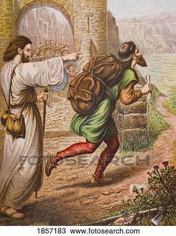 Stock Image - Evangelist Directs Christian On His Way. From The Book The Pilgrim's Progress By John Bunyan, From Late 19Th Century Edition.. Fotosearch