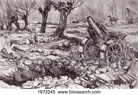 Stock Photography - Evening In The Valley Of The Shadow Of Death. A Desolate Scene Of German Defeat After A Battle In The Yser Valley In West Flanders During World War One. Artwork By Alfred Bastien From The Illustrated War News Published 1915. Fotosearch