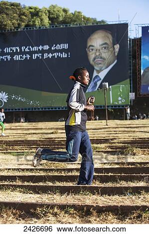 Stock Photograph - Every day budding athletes train in the amphitheatre in Meskel square in central Addis Ababa; Addis Ababa, Ethiopia. Fotosearch