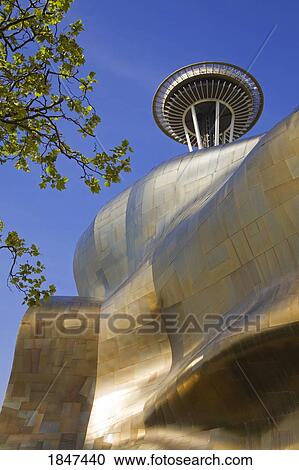 Stock Image - Experience Music Project And Space Needle; Seattle Center, Seattle, Washington State, Usa. Fotosearch
