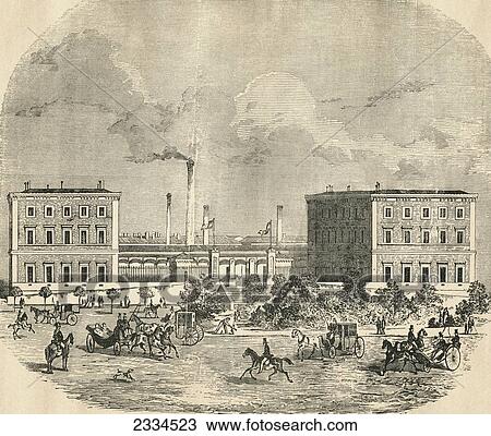 Stock Image - Exterior View Of The Old Fabrica De Moneda Or Royal Mint, Plaza De Colon, Madrid, Spain, In The Late 19Th Century. From El Museo Popular Published Madrid, 1889. Fotosearch