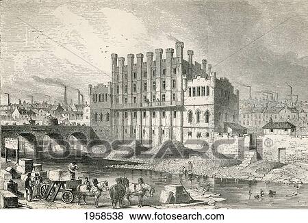 Stock Photo - Exterior View The Castle Grinding Mill, Sheffield, South Yorkshire, England In The 19Th Century. From Cyclopaedia Of Useful Arts And Manufactures By Charles Tomlinson.. Fotosearch