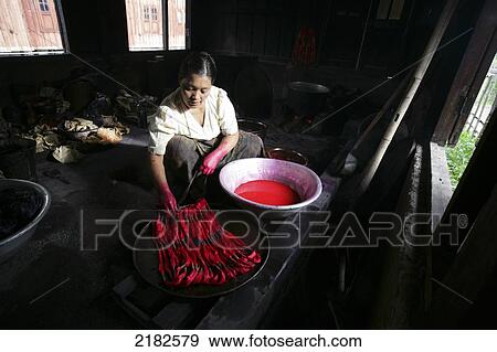 Stock Photo - Fabric Dying On Ingle Lake Burma. Fotosearch