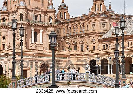 Stock Photo - Facade Of Building, Plaza De Espana, Maria Luisa Park; Seville, Andalucia, Spain. Fotosearch