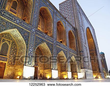 Facade of Tillya Kari Madrassah at dusk, Registan Square; Samarkand, Uzbekistan View Large Photo Image Stock Image - Facade of Tillya Kari Madrassah at dusk, Registan Square; Samarkand, Uzbekistan. Fotosearch