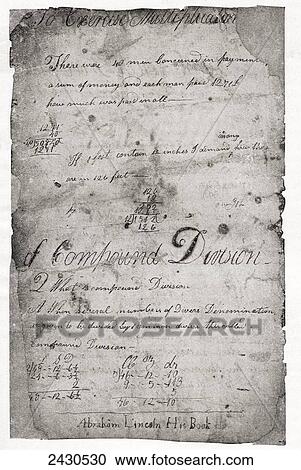 Stock Image - Facsimile of a page of Abraham Lincoln's school mathematics book. Abraham Lincoln, 1809. Fotosearch