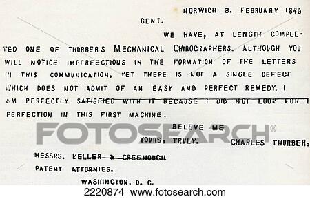Picture - Facsimile Of Part Of The First Letter Ever Typewritten, Executed On The Thurber Machine In 1840. From The Strand Magazine Published 1897.. Fotosearch