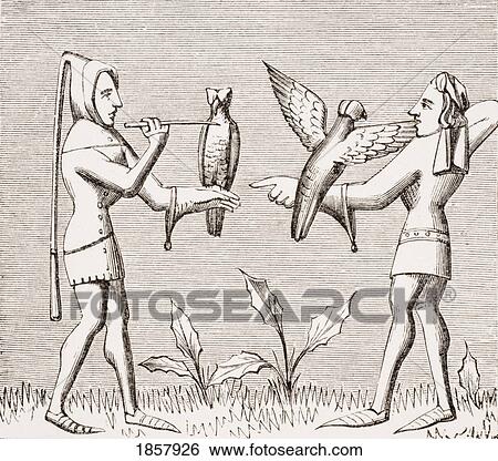 Stock Photograph - Falconers Dressing Their Birds. 19Th Century Reproduction Of Miniature In 14Th Century Manuscript Livre Du Roy Modus By Henri De FerriÃƒÆ’Ã‚Â¨res. Fotosearch
