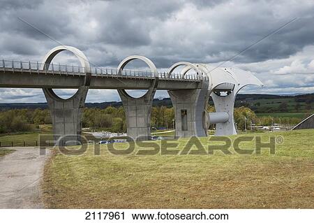 Stock Image - Falkirk Wheel A Rotating Boat Lift; South Falkirk Scotland. Fotosearch
