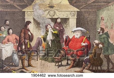 Stock Image - Falstaff Enacts The Part Of The King In Henry Iv, Part I, Act Ii, Scene Iv, By William Shakespeare. Drawn And Etched By George Cruikshank. From The Illustrated Library Shakspeare, Published London 1890.. Fotosearch