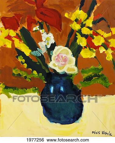 Family, Colorful Flower Bouquet In Vase (Oil Painting). View Large Photo Image Stock Photograph - Family, Colorful Flower Bouquet In Vase (Oil Painting).. Fotosearch