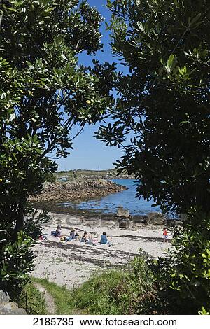 Stock Photography - Family On Beach, Cove Vean, St Agnes, Isles Of Scilly, Cornwall, Uk, Europe. Fotosearch