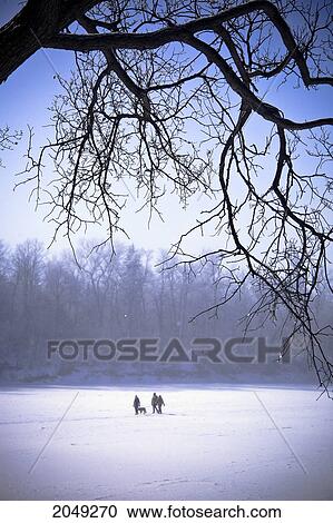 Stock Image - Family With Dog Walking On The Frozen Assiniboine River, Assiniboine Park, Winnipeg, Manitoba. Fotosearch