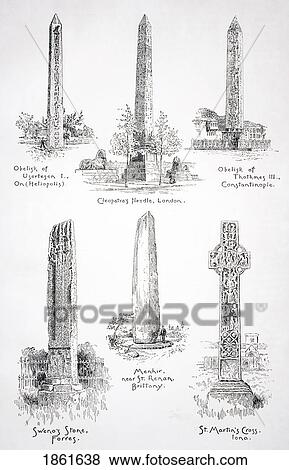 Stock Photo - Famous Monoliths At Heliopolis London Istanbul Forres Saint Renan And Iona From The Modern Cyclopedia Vol Vi 1903. Fotosearch