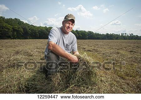 Stock Photo - Farmer in hay field; Sudlersville, Maryland, United States of America. Fotosearch
