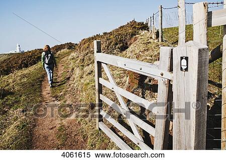 Stock Photography - Female hiker with Strumble Head lighthouse in the distance, Pembrokeshire Coast Path, South West Wales; Pembrokeshire, Wales. Fotosearch