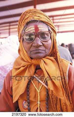 Stock Image - Female Sadhu (Sadhvi) Shiv Giri (60) From Chitrakoot, Juna Akhara, Maha Kumbh Mela 2001, Allahabad, Up, India. Fotosearch