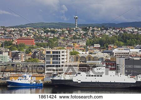 Picture - Ferry By Waterfront, Trondheim, Norway, Scandinavia. Fotosearch