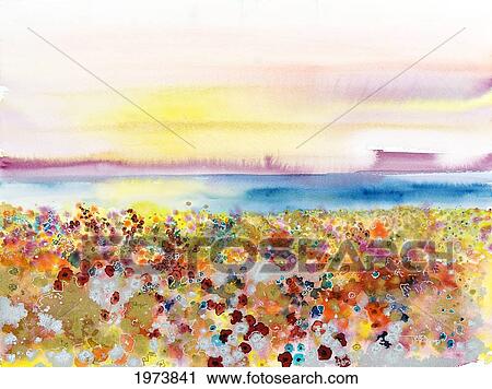 Stock Image - Field Of Joy, Abstract Landscape Of Bejeweled Field Of Flowers (Watercolor Painting).. Fotosearch