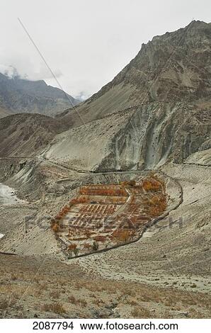 Picture - Fields On A Promontory In The Indus River Gorge, Skardu, Northern Areas, Pakistan. Fotosearch
