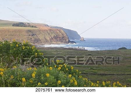 Stock Image - Fifteen Moais From Different Periods, Restored By Archaeologist Claudio Cristino, At Ahu Tongariki, As Seen From Rano Raraku, Rapa Nui (Easter Island), Chile. Fotosearch