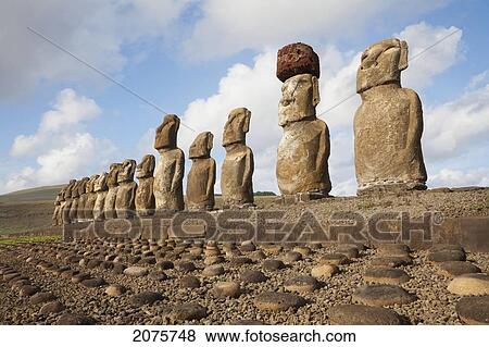 Stock Photo - Fifteen Moais From Different Periods, Restored By Archaeologist Claudio Cristino, At Ahu Tongariki, Rapa Nui (Easter Island), Chile. Fotosearch