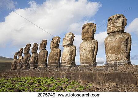Fifteen Moais From Different Periods, Restored By Archaeologist Claudio Cristino, At Ahu Tongariki, Rapa Nui (Easter Island), Chile View Large Photo Image Stock Photo - Fifteen Moais From Different Periods, Restored By Archaeologist Claudio Cristino, At Ahu Tongariki, Rapa Nui (Easter Island), Chile. Fotosearch