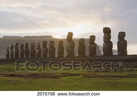 Stock Photo - Fifteen Moais From Different Periods, Restored By Archaeologist Claudio Cristino, At Ahu Tongariki At Dawn, Rapa Nui (Easter Island), Chile. Fotosearch