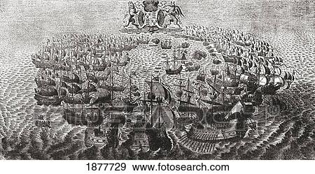 Stock Photo - Fight Between The Spanish Armada And The English Fleet Off The Isle Of Wight, 1588. From The Book Short History Of The English People By J. R. Green, Published London 1893.. Fotosearch