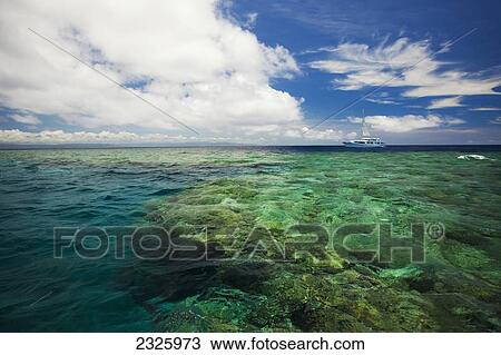 Stock Image - Fiji, Bligh Water, The Live -Abourd Dive Vessel, The Nai'a, At Mount Mutiny, A Reef That Nearly Breaks The Surface.. Fotosearch
