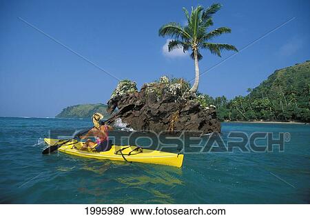 Stock Photo - Fiji, Kadavu Islands, Caucasian Woman Kayaking Along Beautiful Coastline.. Fotosearch