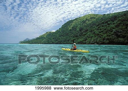 Stock Photo - Fiji, Kadavu Islands, Woman Kayaking In Shallow Water Along Coastline.. Fotosearch