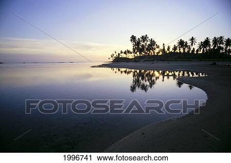 Stock Image - Fiji, Mamanuca Islands, Malololailai Island, Tropical Sunset Along Shore Palm Trees Distance Calm Water With Reflections A59A. Fotosearch