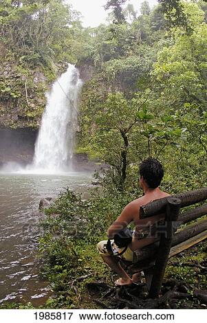 Stock Photo - Fiji, Taveuni, Bouma National Heritage Park, Tourist Sits On A Bench Watching Tavoro Waterfall Cascade Into A Tropical Pool. For Editorial Use Only.. Fotosearch