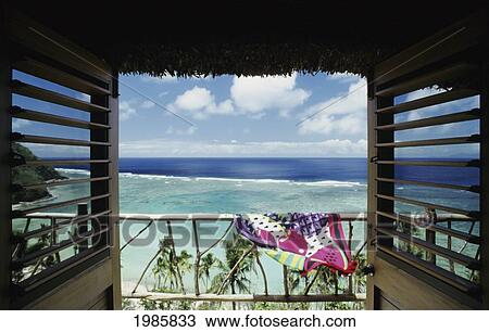Fiji, Towel on railing; Wakaya Island, beautiful ocean view through doorway, Private home View Large Photo Image Stock Image - Fiji, Towel on railing; Wakaya Island, beautiful ocean view through doorway, Private home. Fotosearch