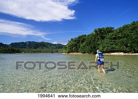 Stock Image - Fiji, Vanua Levu, Man Reef Walking, Shallow Coral Reef. Fotosearch