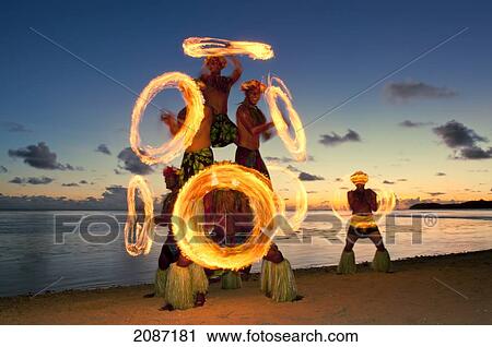 Stock Image - Fiji, Viti Levu Island, Coral Coast, Shangri-La Resort, Fire Dance performance on the beach.. Fotosearch