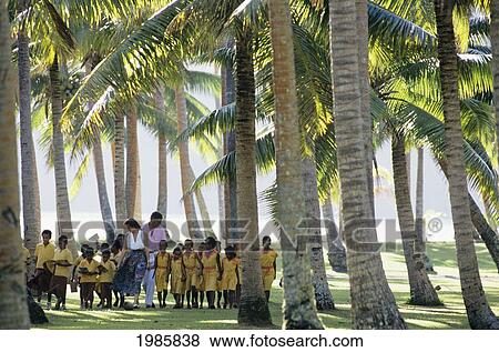 Fiji, Wakaya Island, The Wakaya Club, School Children And Teachers Walking Through Grove Of Palm Trees. View Large Photo Image Stock Photo - Fiji, Wakaya Island, The Wakaya Club, School Children And Teachers Walking Through Grove Of Palm Trees.. Fotosearch