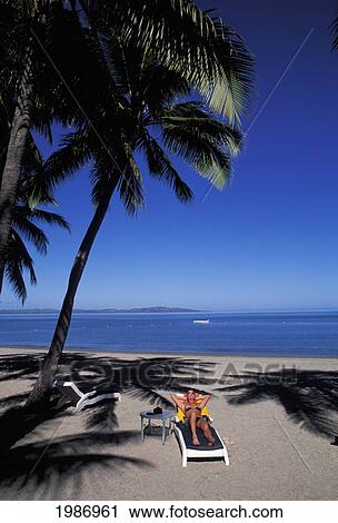 Fiji, Woman Sunbathing On Beach Next To Palm Trees, Blue Ocean And Sky. View Large Photo Image Stock Image - Fiji, Woman Sunbathing On Beach Next To Palm Trees, Blue Ocean And Sky.. Fotosearch