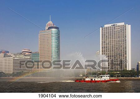 Fireboat Display With Guangzhou Cityscape, Guangdong, China View Large Photo Image Picture - Fireboat Display With Guangzhou Cityscape, Guangdong, China. Fotosearch