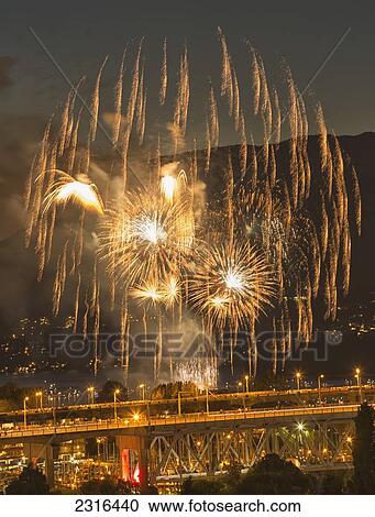 Stock Image - Fireworks Over English Bay During The Celebration Of Light; Vancouver British Columbia Canada. Fotosearch