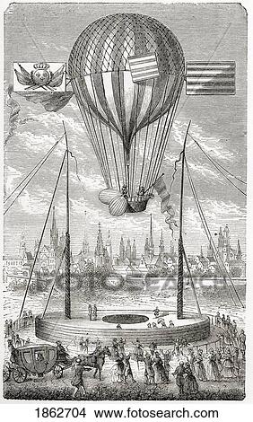 First Flight With A Dirigible Balloon From Dijon 12 June 1784 By Louis Bernard Guyton De Morveau From The Book Wondeful Balloon Ascents Or The Conquest Of The Skies Published C 1870 View Large Photo Image Picture - First Flight With A Dirigible Balloon From Dijon 12 June 1784 By Louis Bernard Guyton De Morveau From The Book Wondeful Balloon Ascents Or The Conquest Of The Skies Published C 1870. Fotosearch