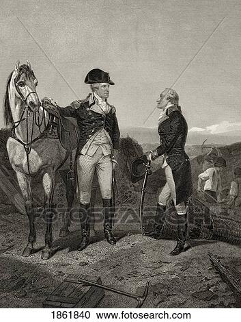 Stock Image - First Meeting Of George Washington 1732 To 1799 With Alexander Hamilton 1755 Or 1757 To 1804 After Alonzo Chappel From Life And Times Of Washington Volume 1 Published 1857. Fotosearch