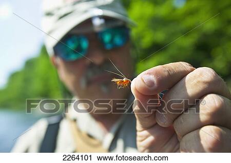 Stock Image - Fisherman Holding Up A Lure; Agawam Massachusetts Usa. Fotosearch