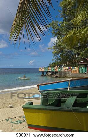 Stock Image - Fishig Boats On Grand Mal Bay And Sunset View Restaurant; Grenada, Caribbean. Fotosearch