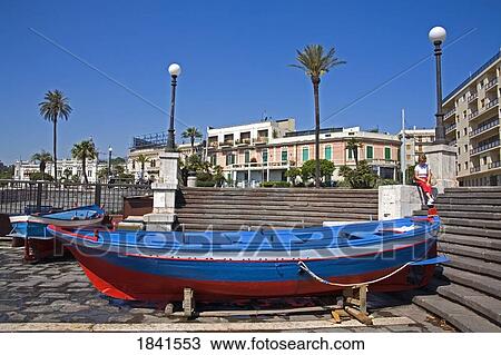 Stock Image - Fishing Boats On Piazzale Batteria Masotto; Messina, Sicily, Italy. Fotosearch