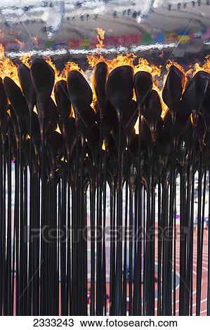 Stock Image - Flames Of Olympic Cauldron Designed By Thomas Heatherwick; London, England, United Kingdom. Fotosearch